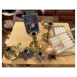 Brass candlesticks, tapers, gnome stained glass