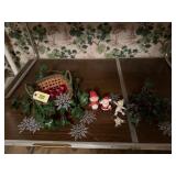 Basket of glass Christmas bulbs, snowflakes, decor