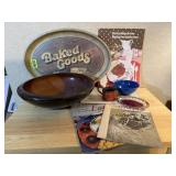 Baked goods tray, wooden bowl, cookbooks
