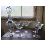 Etched wine glasses, decanter
