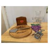 Cheese slicer, corkscrew, drinkware, napkin holder