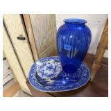 Cobalt blue vase, platter, dish