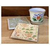 Hand painted flower pot, coasters