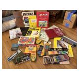 Art supplies, crayons, pastels, books