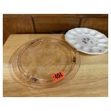 Pink depression glass cake plate, egg plate