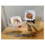 Harvest trivets, knives, advertising glass