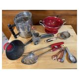 Kitchen lot, colander, sifters, utensils, grater