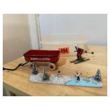 Christmas miniatures, wagon, skier