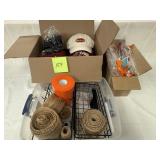 Box of drink stirrers, wine hats, burlap, etc.