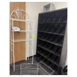 2 shelves, metal crates, beverage dispenser, etc.