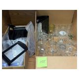 Misc. glassware and table top menu holders, etc.
