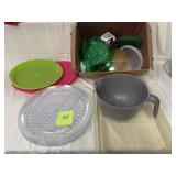 Plastic serving trays, box of lids, measuring bowl