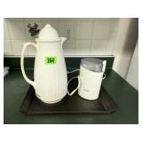 Electric coffee grinder, coffee carafe, tray
