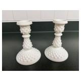 MIlk glass hobnail candlesticks (2)