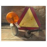 Metal slow moving sign, light, antique sprayer