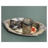 Silver tray, lid, shave jar
