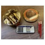 Tin of ink pens, advertising pens