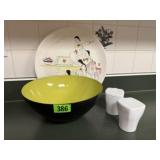 Enamel bowl, hand painted Korean Ironstone plate,