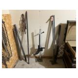 Jacks, pry bars, pipe, chain binder