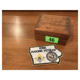 Wooden box, Masonic Veteran patch, pins