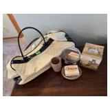 Tote bag, tissue box, soap dish, hand mirror, cup