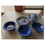Blue Willow plate, cobalt blue bowls, teapot