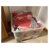 Tote of fabric scraps, yardage