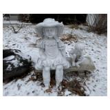 Concrete garden bench, girl statue, solar powered