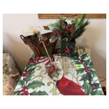 Christmas linens, basket, decorations