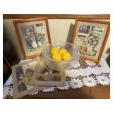 Farmhouse artwork, bowl of lemons, dresser scarf