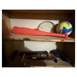 Volleyball, ball pump, bicycle seat, racquet, bat
