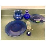 Cobalt blue glassware, vases, plates