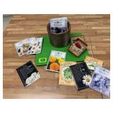 Cutting board, seed packets, bird call