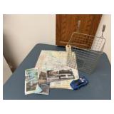 Wire hanging basket, road maps, toy car