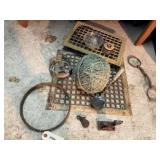 Antique rusty bits, register grates, bit, pulley,