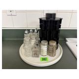 Lazy susan, salt & pepper shakers, spice rack