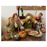 Basket of scarecrows, pumpkins, cornucopia