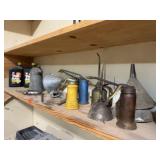 Quarts of oil, oil cans, funnels