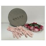 Floral hat, dress gloves, hat box