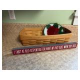 Longaberger bread basket, rose glass dish, sign