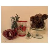 Storage tote, trifle dish of pinecones, poinsetta