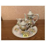 Hand painted coffee server, cream & sugar, tray