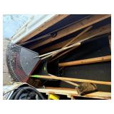 Yard rakes, metal rake, hay fork, hoe, broom