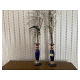 Cobalt candlesticks, peacock feathers