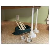 Taper candles, milk glass, star candlesticks,