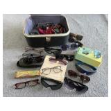 Vintage train case of readers, sunglasses