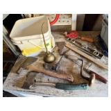 Primitive tools, oil can, levels, hand drill,