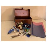 Metal file box, office supplies, hot glue gun,