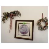 Wall decor trio, religious picture, swag, wreath