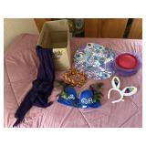 Costume box, bunny ears, hats, bra, knitted wrap